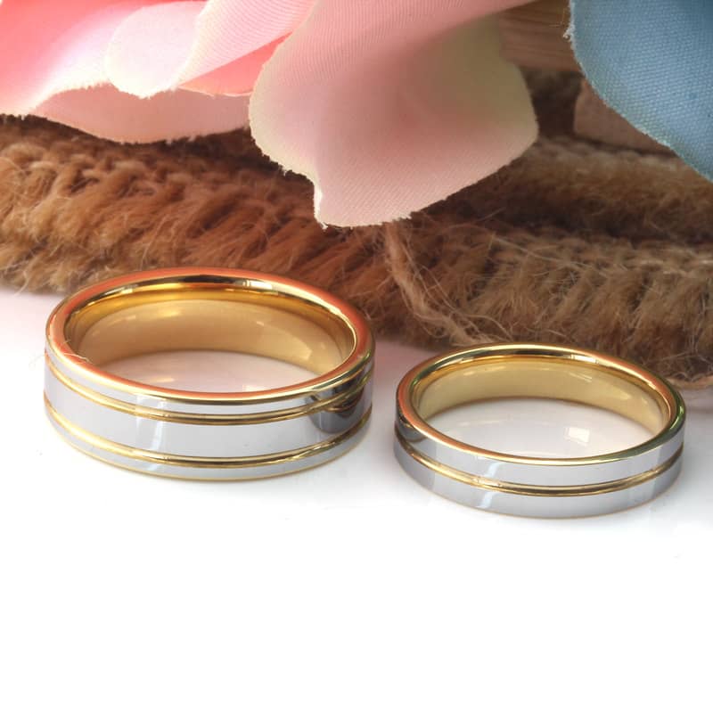 (image for) Two-Tone Gold Tungsten Couple Rings with Grooves