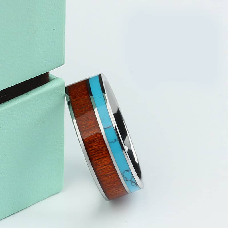 (image for) Tungsten Ring with Hawaiian Koa Wood and Turquoise Inlay