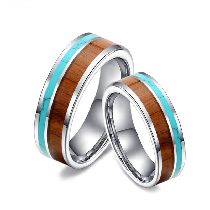 (image for) Wood and Turquoise Inlay Matching Tungsten Wedding Bands for Men Women