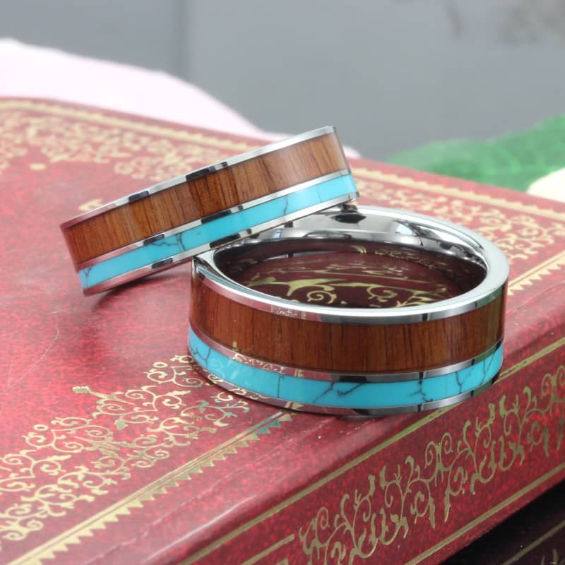 (image for) Wood and Turquoise Inlay Matching Tungsten Wedding Bands for Men Women