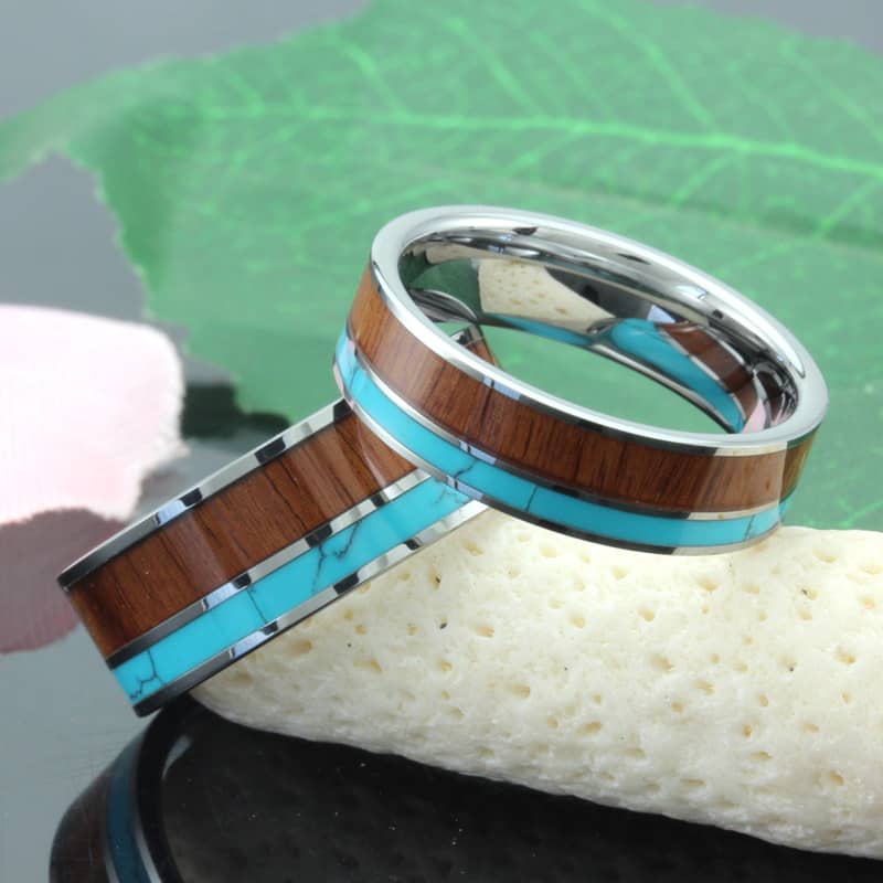 (image for) Wood and Turquoise Inlay Matching Tungsten Wedding Bands for Men Women